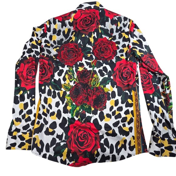Barabas Mens Medium Button Shirt Multicolor Rose & Animal Print With Rhinestones - Picture 3 of 9